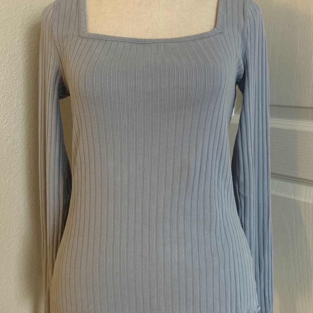 SO Ribbed Square Neck Long Sleeve Top - Light Blue